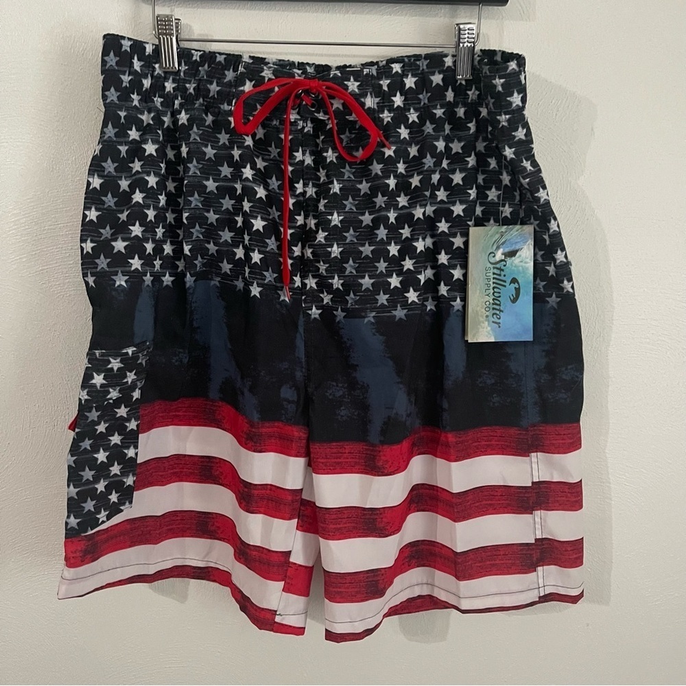 NWT Stillwater Supply Co Mens Navy & Stars Elastic Waist Tie Swim Trunks Xl